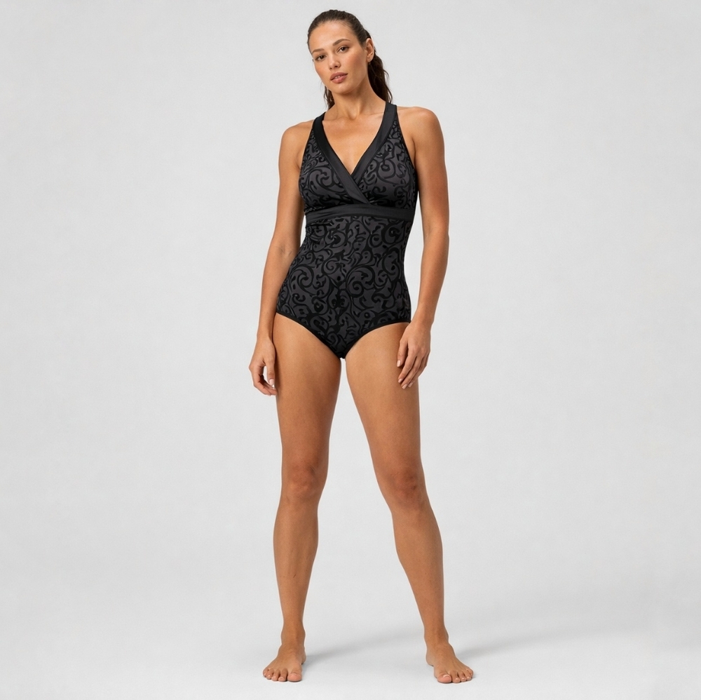 NIKE One Piece Swimsuit Racerback V-Neck Grey Black Swirl Print 14